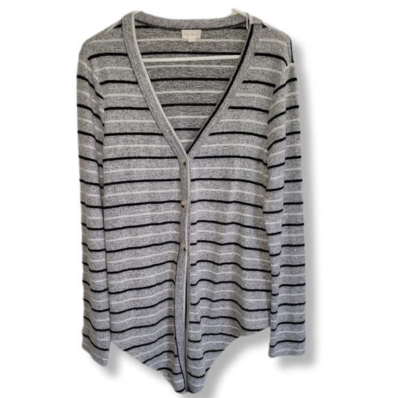 Hem & Thread Grey Striped Casual Academia Long Sleeve Cardigan Sweater - Picture 1 of 9